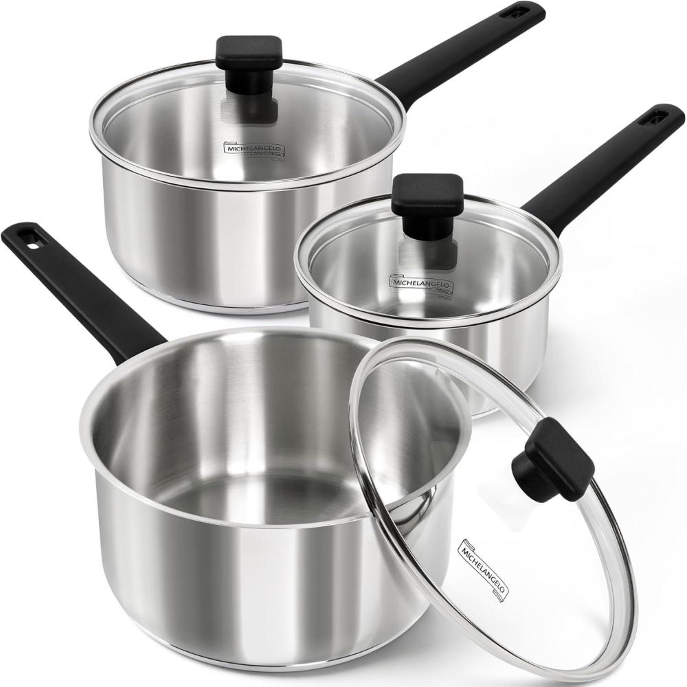 image:imageMICHELANGELO Stainless Steel Sauce Pan with Lid 1QT amp 2QT amp 3QT TriPly Stainless Steel Saucepans with Straight Bakelite Handle amp Square Lid Knob Nonstick Sauce Pans Set Induction Compatible