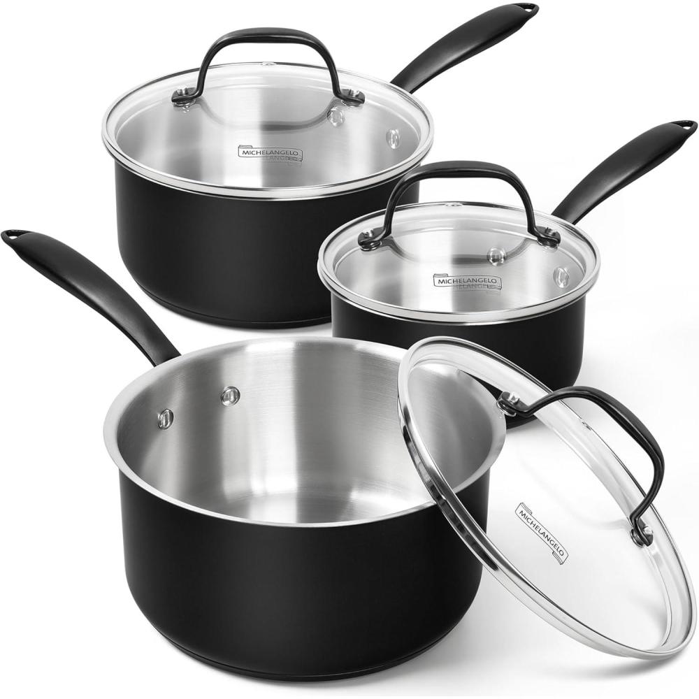 image:imageMICHELANGELO Stainless Steel Saucepan Set TriplyBase Sauce Pan with Lids Stainless Steel Sauce Pot for All Stoves Induction Compatible Oven Safe 1QT amp 2QT amp 3QT