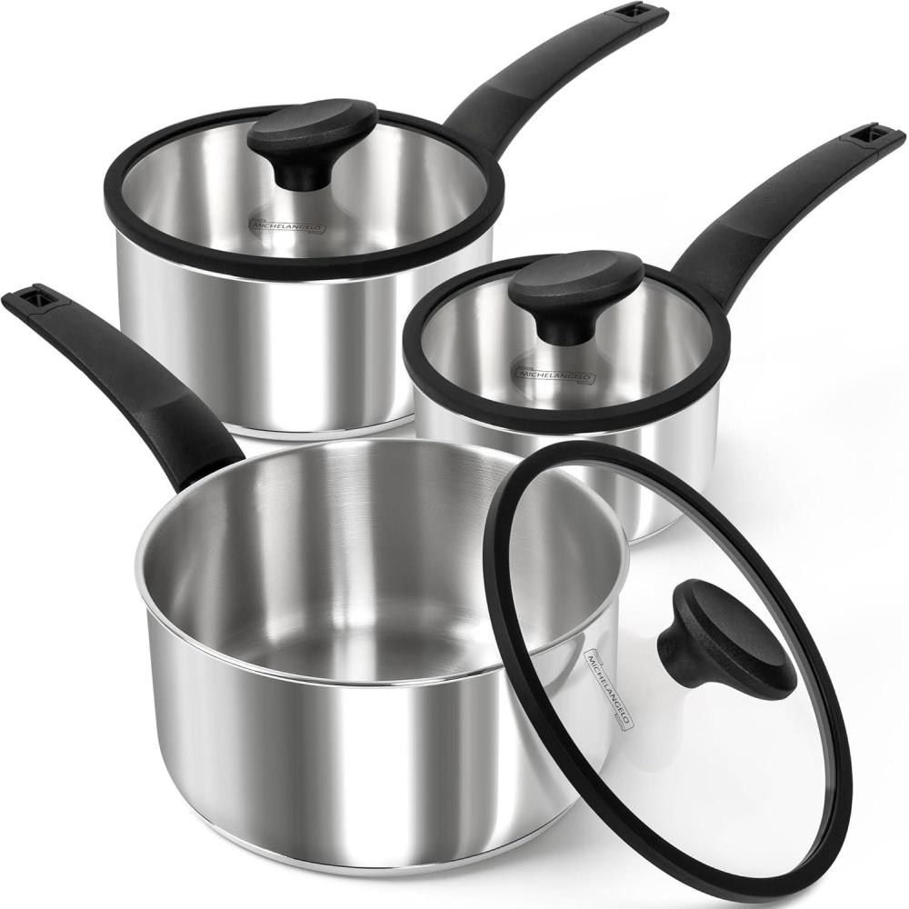 image:imageMICHELANGELO Stainless Steel Saucepan with Lid 1QT amp 2QT amp 3QT Triply Stainless Steel Saucepans with Bakelite Handle Premium Nonstick Sauce Pot Set for Kitchen Cooking Induction Compatible