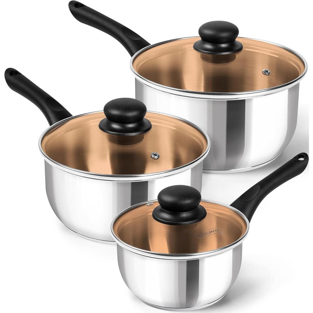 image:imageMICHELANGELO Stainless Steel Saucepan with Lid 6pcs Triply Base Stainless Steel Pot Set Saucepan Set with Bakelite Handle 1QT amp 2QT amp 3QTTeal Lid