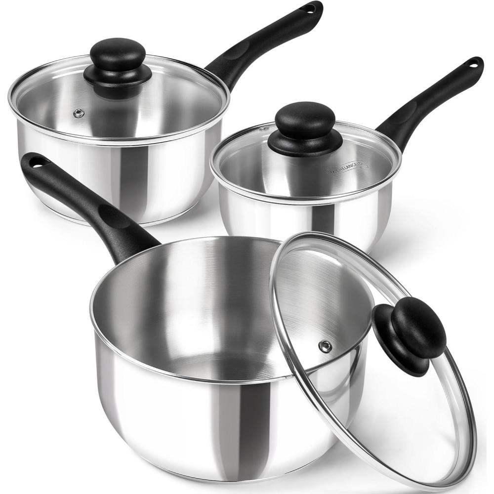 image:imageMICHELANGELO Stainless Steel Saucepan with Lid Triply Base Stainless Steel Pot Set with Bakelite Handle 1QT amp 2QT amp 3QT Saucepan Set 6 Pcs Sauce Pans