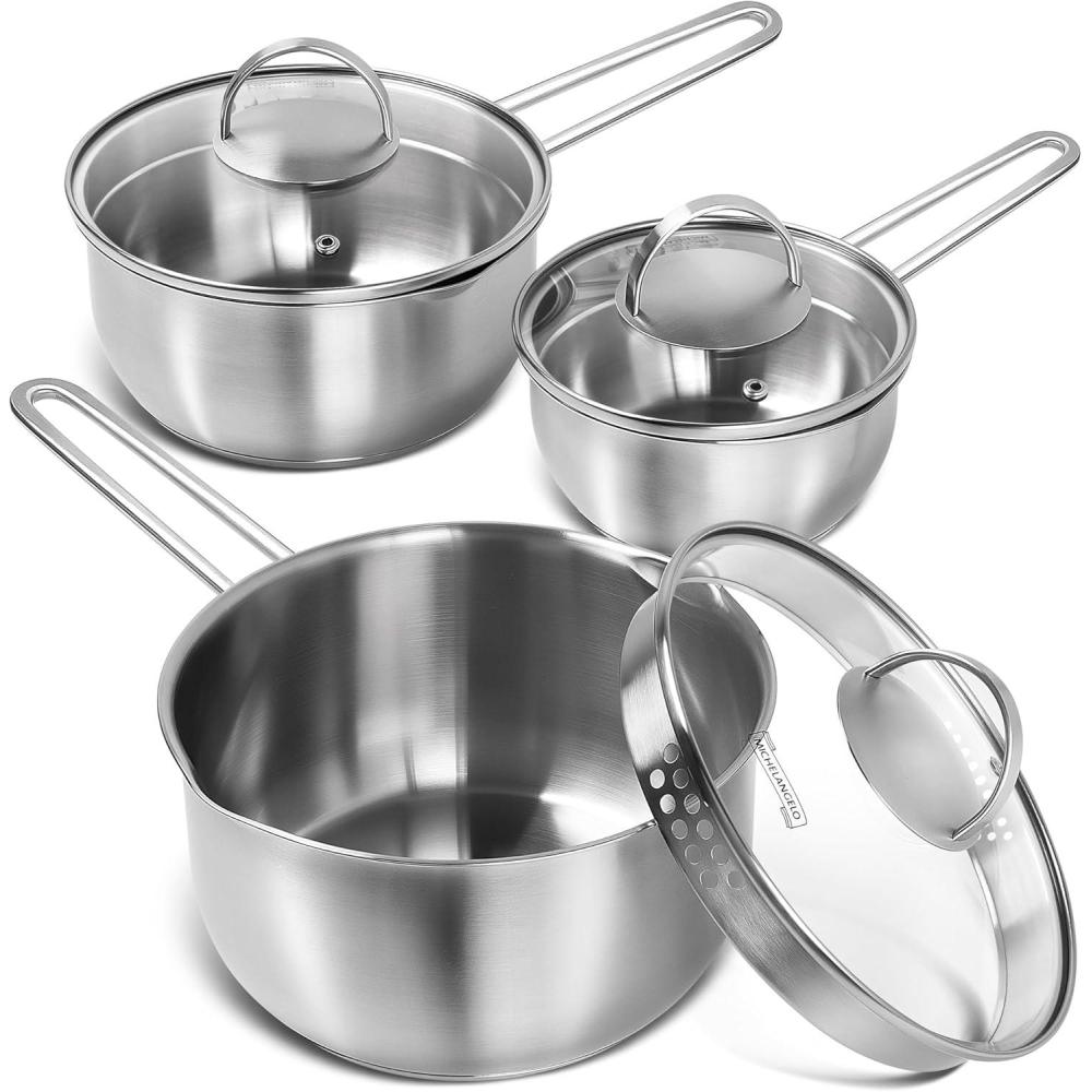 image:imageMICHELANGELO Stainless Steel Saucepan with Lid amp Pour Spout 1QT amp 2QT amp 3QT TriPly Bottom Sauce Pan Set Sauce Pot Set 6 PcsSilver
