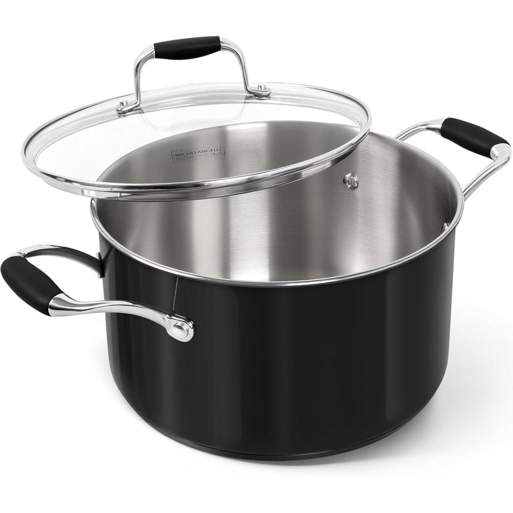image:imageMICHELANGELO Stainless Steel Stock Pots  Induction Soup Pot with Lid 6 Qt NonToxic Cooking Pot Oven amp Dishwasher Safe Blue ExteriorBlack