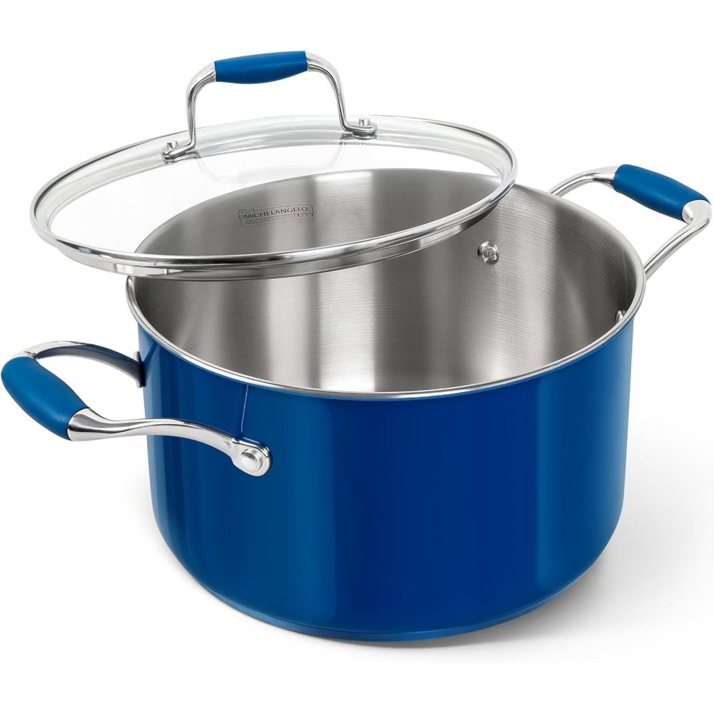 image:imageMICHELANGELO Stainless Steel Stock Pots Induction Soup Pot with Lid 6 Qt NonToxic Cooking Pot Oven amp Dishwasher Safe Blue ExteriorBlue