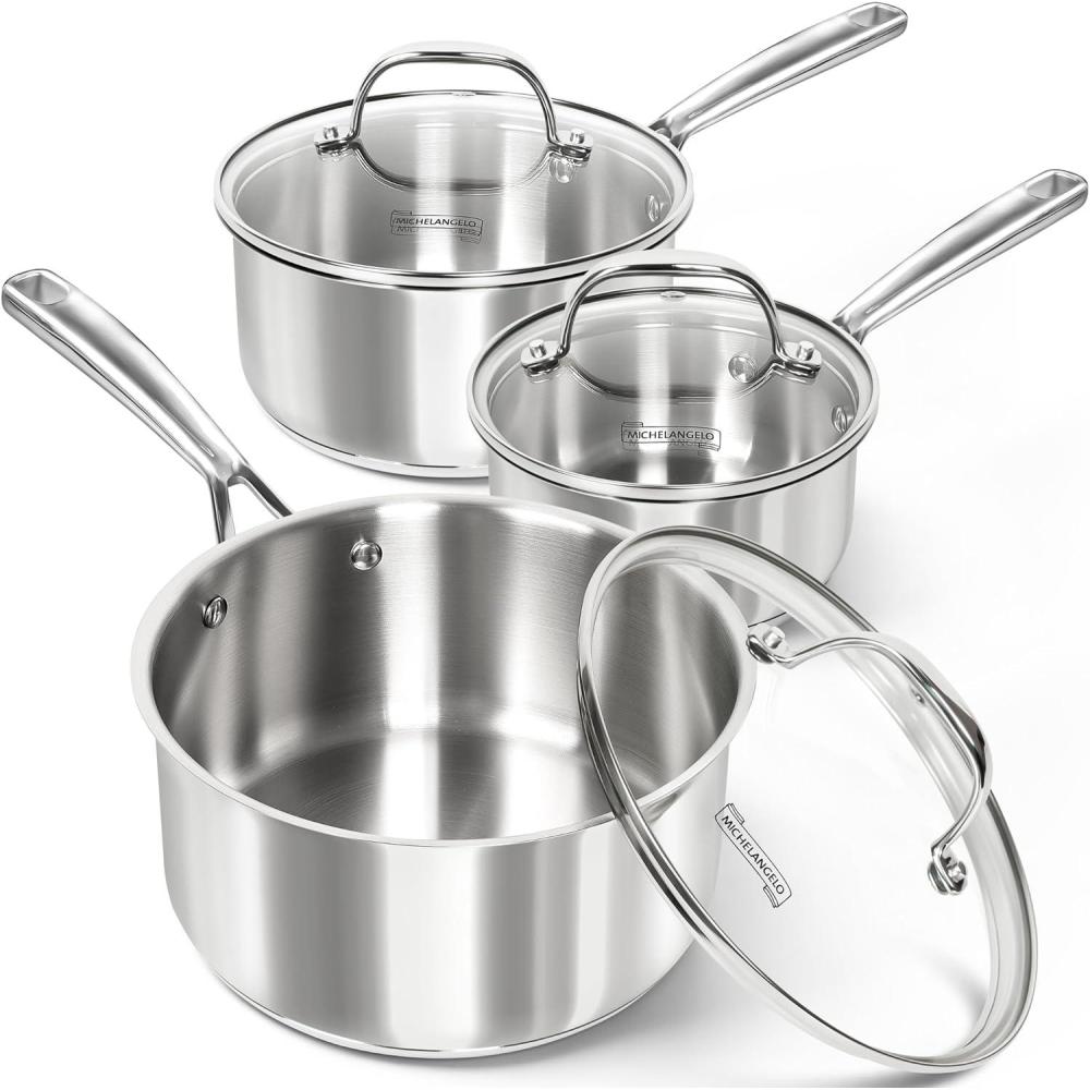 image:imageMICHELANGELO TriPly Stainless Steel Saucepan with Lid 6 Pcs Stainless Steel Sauce Pans with Cool Handle 6 Pcs Multipurpose Sauce Pots Set for Kitchen Cooking Induction Compatible 1QT amp 2QT amp3QTSilver