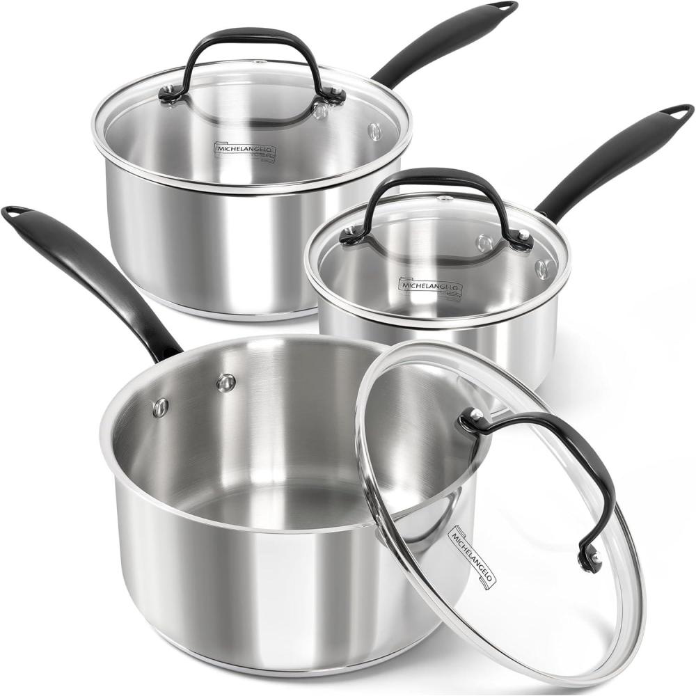 image:imageMICHELANGELO TriPly Stainless Steel Saucepan with Lid 6 Pcs Stainless Steel Sauce Pans with Cool Handle 6 Pcs Multipurpose Sauce Pots Set for Kitchen Cooking Induction Compatible 1QT amp 2QT amp3QTBlack