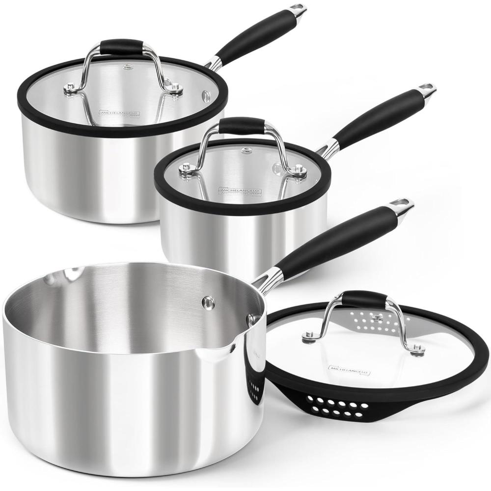 image:imageMICHELANGELO Triply Stainless Steel Saucepan Set with Strainer Lid Heavyduty Sauce Pan with Lid Multipurpose Sauce Pot Induction Compatible 1QT amp 2QT amp 3QT