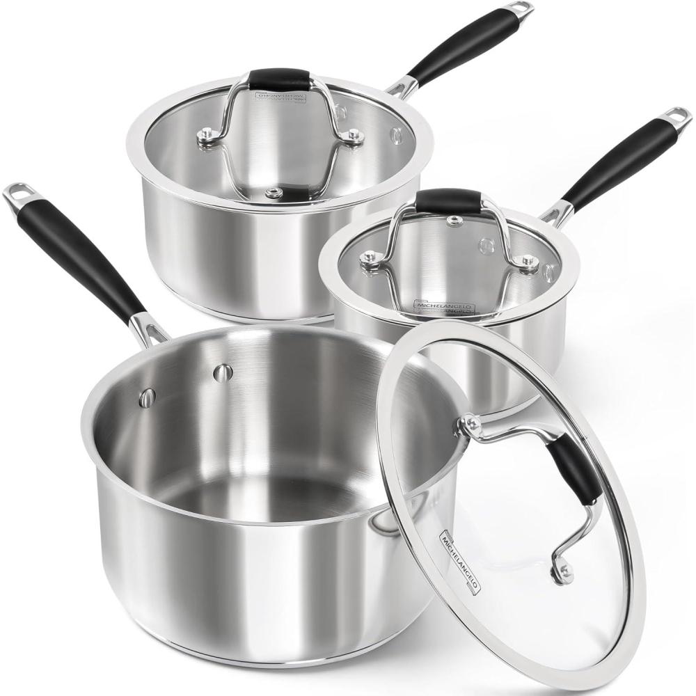 image:imageMICHELANGELO Triply Stainless Steel Saucepan with Lid 6 Pcs Stainless Steel Sauce Pan with Bakelite Handle Multipurpose Saucepans Set for Kitchen Cooking Induction Compatible  1QT amp 2QT amp 3QT
