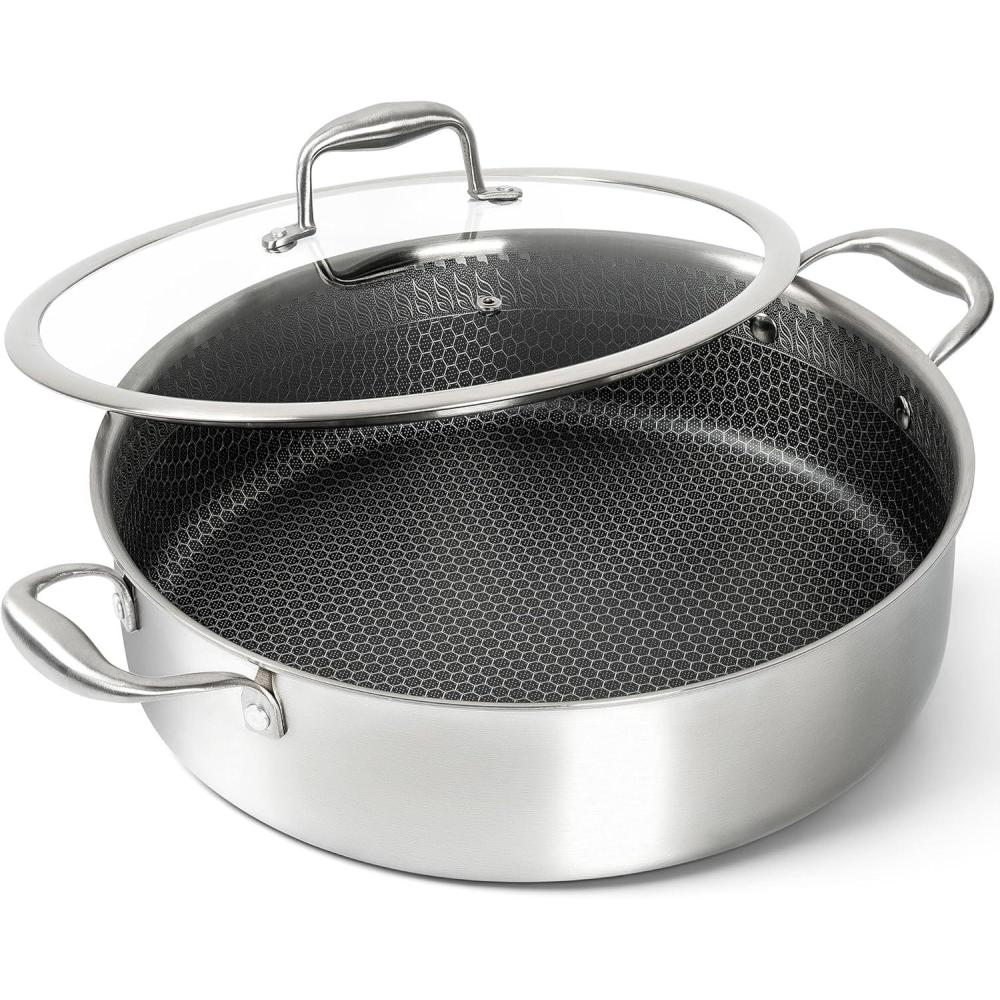 image:imageMICHELANGELO Triply Stainless Steel Saute Pan 6 Quart Deep Frying Pan with Lid 1810 Large Saute Pan with Nonstick Honeycomb Interior Induction Compatible amp Oven Safe  125 Inch6QT with Double Handles