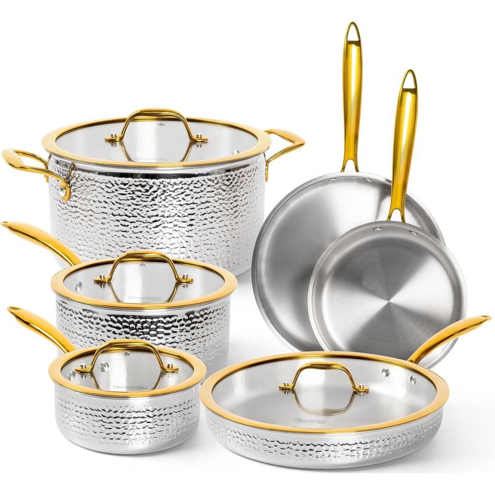 image:imageMichelangelo Triply Stainless Steel Pots and Pans Set 10Piece Hammered Stainless Steel Cookware Set with Golden Handle Premium Induction Kitchen Cookware Oven Safe10