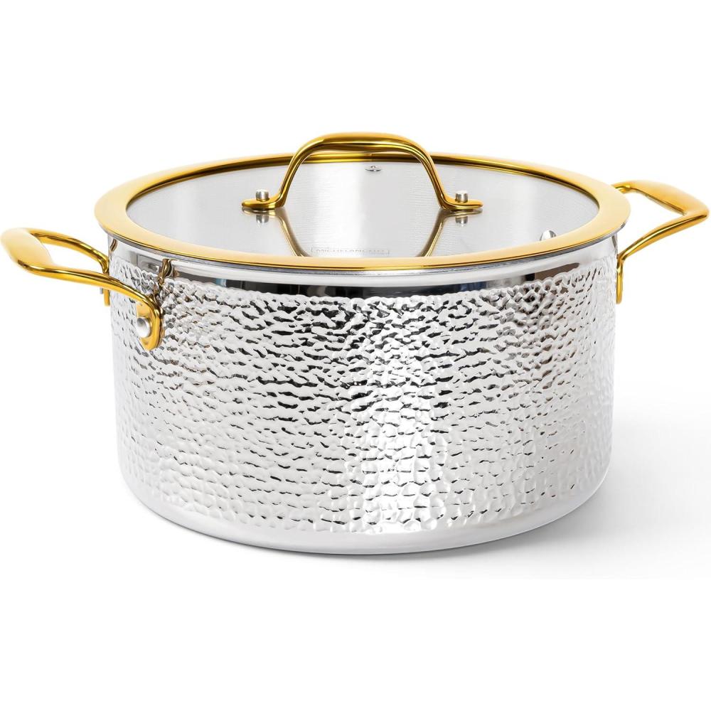 image:imageMichelangelo Triply Stainless Steel Stock Pot with Lid Luxury Hammered Stainless Steel 6 Quart Pot with Lid amp Golden Handle Premium Induction Stockpot  6QT