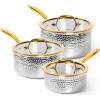image:imageMichelangelo Triply Stainless Steel Saucepan Set Luxury Hammered Stainless Steel Sauce Pans with Golden Handle Premium Sauce Pot Set Induction Compatible