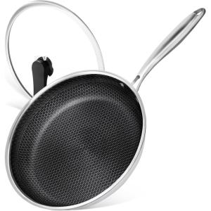 MICHELANGELO 12 Inch Stainless Steel Frying Pan with Lid, Nonstick with Honeycomb Coating, Triply Skillet – Induction Compatible(12-Inch)