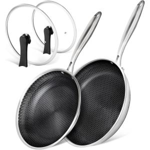 MICHELANGELO 12 Inch Stainless Steel Frying Pan with Lid, Nonstick with Honeycomb Coating, Triply Skillet – Induction Compatible(9.5-11-Inch)