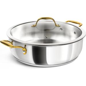 MICHELANGELO 12 Inch Stainless Steel Pan with Lid – Large Saute Pan with Lid, Deep Frying Pan Dishwasher & Oven-Safe, All Cooktops Compatible, 6 Quart(Gold Handle)