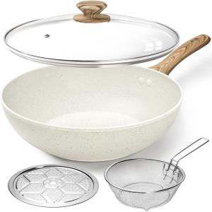 MICHELANGELO 12 Inch Wok Pan with Lid – Woks & Stir-Fry Pans Nonstick Wok with Lid, Stir Fry Pan with Cool-Touch Handle, Induction Wok Set with Stainless Steamer & Fryer Basket(White)
