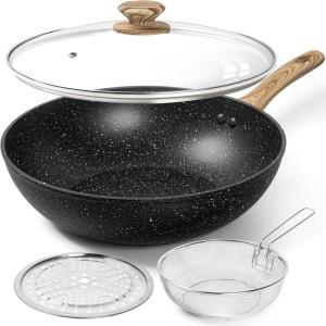MICHELANGELO 12 Inch Wok Pan with Lid – Woks & Stir-Fry Pans Nonstick Wok with Lid, Stir Fry Pan with Cool-Touch Handle, Induction Wok Set with Stainless Steamer & Fryer Basket(Black)
