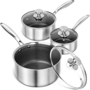 MICHELANGELO 6 Pcs Tri-ply Stainless Steel Pot Set, 2QT & 3QT & 8QT Pot with Lids, Nonstick HoneyComb Interior Cooking Pot Set, Compatible with All Cooktops, Oven & Dishwasher Safe(1+2+3QT)