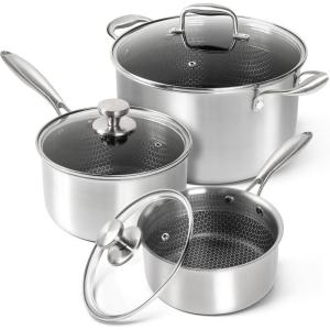 MICHELANGELO 6 Pcs Tri-ply Stainless Steel Pot Set, 2QT & 3QT & 8QT Pot with Lids, Nonstick HoneyComb Interior Cooking Pot Set, Compatible with All Cooktops, Oven & Dishwasher Safe(2+3+8QT)