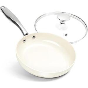 MICHELANGELO Ceramic Frying Pan – 10 Inch Frying Pan Nonstick with Lid, Non-Toxic Skillet with Stainless Steel Handle, Nonstick Skillet, Black(Cream White)
