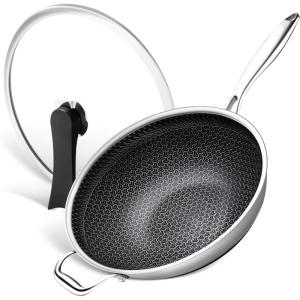 MICHELANGELO Honeycomb Wok Pan with Lid, 12.5 Inch Stainless Steel Woks & Stir-fry Pans with Stay Cool Handle, Flat Bottom Wok with Vertical Lid, Induction Wok, Dishwasher Oven Safe(12.5 Inch)
