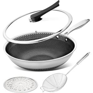 MICHELANGELO Honeycomb Wok Pan with Lid, 12.5 Inch Stainless Steel Woks & Stir-fry Pans with Stay Cool Handle, Flat Bottom Wok with Vertical Lid, Induction Wok, Dishwasher Oven Safe(12 Inch Set)