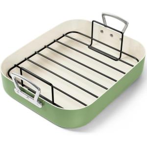 MICHELANGELO Nonstick Ceramic Roasting Pan with Rack, Turkey Roasting Pan with Ceramic Coating, Turkey Roaster Pan with Stainless Steel Rack, 15 Inch x 13 Inch – Green(Green)