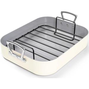 MICHELANGELO Nonstick Ceramic Roasting Pan with Rack, Turkey Roasting Pan with Ceramic Coating, Turkey Roaster Pan with Stainless Steel Rack, 15 Inch x 13 Inch – Green(Beige)