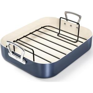 MICHELANGELO Nonstick Ceramic Roasting Pan with Rack, Turkey Roasting Pan with Ceramic Coating, Turkey Roaster Pan with Stainless Steel Rack, 15 Inch x 13 Inch – Green(Haze Blue)