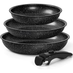 MICHELANGELO Nonstick Frying Pan Set, Non Toxic Frying Pans with Removable Handle, Granite Coating Non Stick Skillet Set of 3, Induction Compatible – 8″ 9.5″ and 11″, Black(Black)