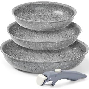 MICHELANGELO Nonstick Frying Pan Set, Non Toxic Frying Pans with Removable Handle, Granite Coating Non Stick Skillet Set of 3, Induction Compatible – 8″ 9.5″ and 11″, Black(Gray)