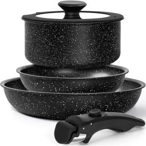 MICHELANGELO Pots and Pans Set Detachable Handle, 5 Piece Nonstick Kitchen Cookware Sets, Stackable Pots and Pans Set with Removable Handle, Oven Safe – 5Pcs, Black