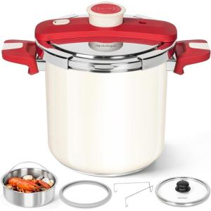 MICHELANGELO Pressure Cooker Stainless Steel 6.3 Quart, 3-in-1 Pressure Pot, One-Hand Locking System, Olla de Presion Colorful Design, Induction Compatible, with Glass Lid & Steamer(8.5 Quarts)