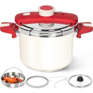 MICHELANGELO Pressure Cooker Stainless Steel 6.3 Quart, 3-in-1 Pressure Pot, One-Hand Locking System, Olla de Presion Colorful Design, Induction Compatible, with Glass Lid & Steamer(6.3 Quarts)
