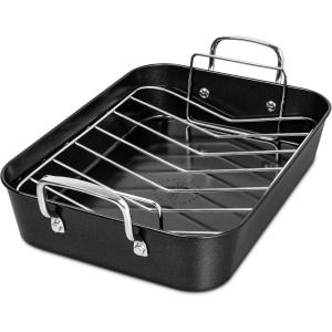 MICHELANGELO Roasting Pan with Rack, Carbon Steel Turkey Roasting Pan for Oven and Induction, Nonstick Turkey Roaster Pan with Stainless Steel Golden Rack & Golden Handle, 15 Inch x 11 Inch(Silver)