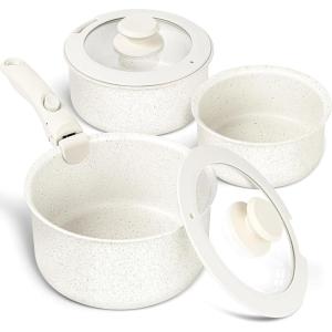 MICHELANGELO Sauce Pan Set, Nonstick 1Qt & 2 Qt & 3Qt Pots with Removable Handles, Non Toxic Saucepan Set with Detachable Handle, Stackable Pot Set for RV Camping, Oven Safe – 6 Piece(White)