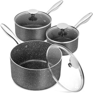MICHELANGELO Sauce Pan with Lid, Granite Saucepans with Lids, 1Qt & 2Qt & 3Qt Sauce Pan Sets, Nonstick Saucepan Set with Stainless Steel Handle, Oven Safe, Grey(1＋2 +3 Quarts)