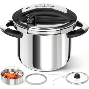 MICHELANGELO Small Pressure Cooker Stainless Steel, 3.2 Quart Olla de Presion, One-Hand Locking System, Induction Compatible, with Glass Lid & Steamer(6.3 Quarts)