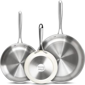 MICHELANGELO Stainless Steel 8 inch Frying Pan, Small Skillet with Triply Base, Stainless Steel Pan with Ergonomic Handle, Induction Compatible(Beige)