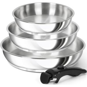 MICHELANGELO Stainless Steel Frying Pan Set, Cooking Pans with Removable Handle, Triply Base Stainless Steel Pan Set, Induction Compatible Skillet- 8″ & 9.5″ & 11″