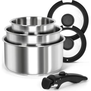 MICHELANGELO Stainless Steel Pot Set with Removable Handle, 6Pcs Stainless Steel Saucepan Set with Lids & Detachable Handle, Triply Base Sauce Pan, Induction Compatible – Black(Black)