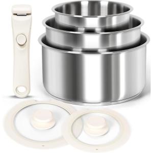 MICHELANGELO Stainless Steel Pot Set with Removable Handle, 6Pcs Stainless Steel Saucepan Set with Lids & Detachable Handle, Triply Base Sauce Pan, Induction Compatible – Black(White)