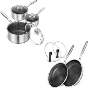 MICHELANGELO Stainless Steel Saucepan Set 1QT & 2QT & 3QT, 10 & 12 Inch Stainless Steel Pans with Honeycomb Coating
