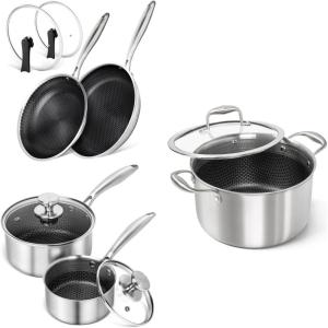 MICHELANGELO Stainless Steel Saucepan Set 1QT & 2QT & 6QT, Frying Pan Set with Lids 10 & 12 Inch