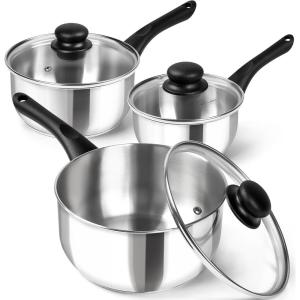 MICHELANGELO Stainless Steel Saucepan with Lid 6pcs, Triply Base Stainless Steel Pot Set, Saucepan Set with Bakelite Handle – 1QT & 2QT & 3QT(Transparent Lid)