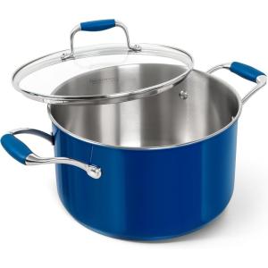 MICHELANGELO Stainless Steel Stock Pots – Induction Soup Pot with Lid, 6 Qt Non-Toxic Cooking Pot, Oven & Dishwasher Safe, Blue Exterior(Blue)