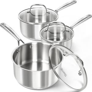 MICHELANGELO Tri-Ply Stainless Steel Saucepan with Lid 6 Pcs, Stainless Steel Sauce Pans with Cool Handle, 6 Pcs Multipurpose Sauce Pots Set for Kitchen Cooking, Induction Compatible, 1QT & 2QT &3QT(Silver)