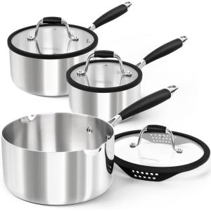 MICHELANGELO Triply Stainless Steel Saucepan Set with Strainer Lid, Heavy-duty Sauce Pan with Lid, Multipurpose Sauce Pot Induction Compatible – 1QT & 2QT & 3QT