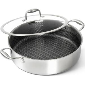 MICHELANGELO Tri-ply Stainless Steel Saute Pan 6 Quart, Deep Frying Pan with Lid, 18/10 Large Saute Pan with Nonstick Honeycomb Interior, Induction Compatible & Oven Safe – 12.5 Inch(6QT with Double Handles)