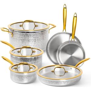 Michelangelo Triply Stainless Steel Pots and Pans Set, 10-Piece Hammered Stainless Steel Cookware Set with Golden Handle, Premium Induction Kitchen Cookware, Oven Safe(10)